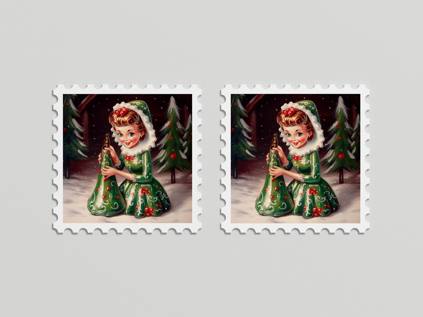 Print Xmas Female Elf Porcelain Vintage Illustration 36x36cm