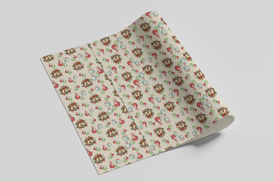 Print Xmas Festive Pattern Envelope Bells Ornaments Beige Wrapping Paper 70x50cm
