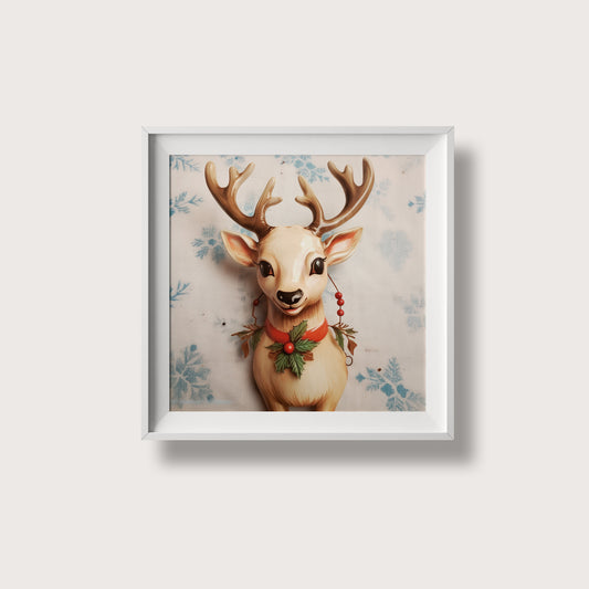 Print Xmas Reindeer Porcelain Portrait Vintage Illustration 36x36cm