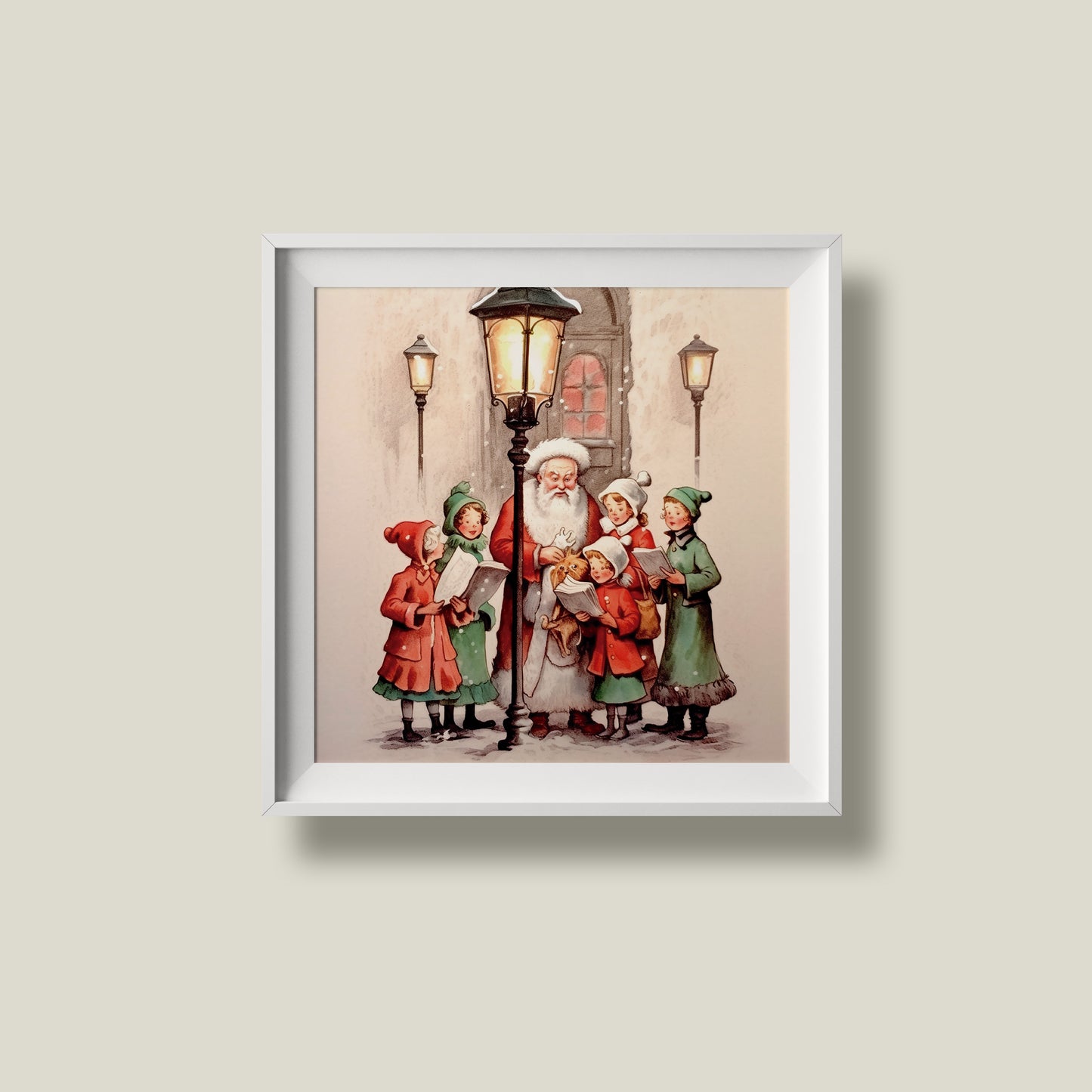Print Xmas Santa Children Singing Carols Vintage Illustration 36x36cm