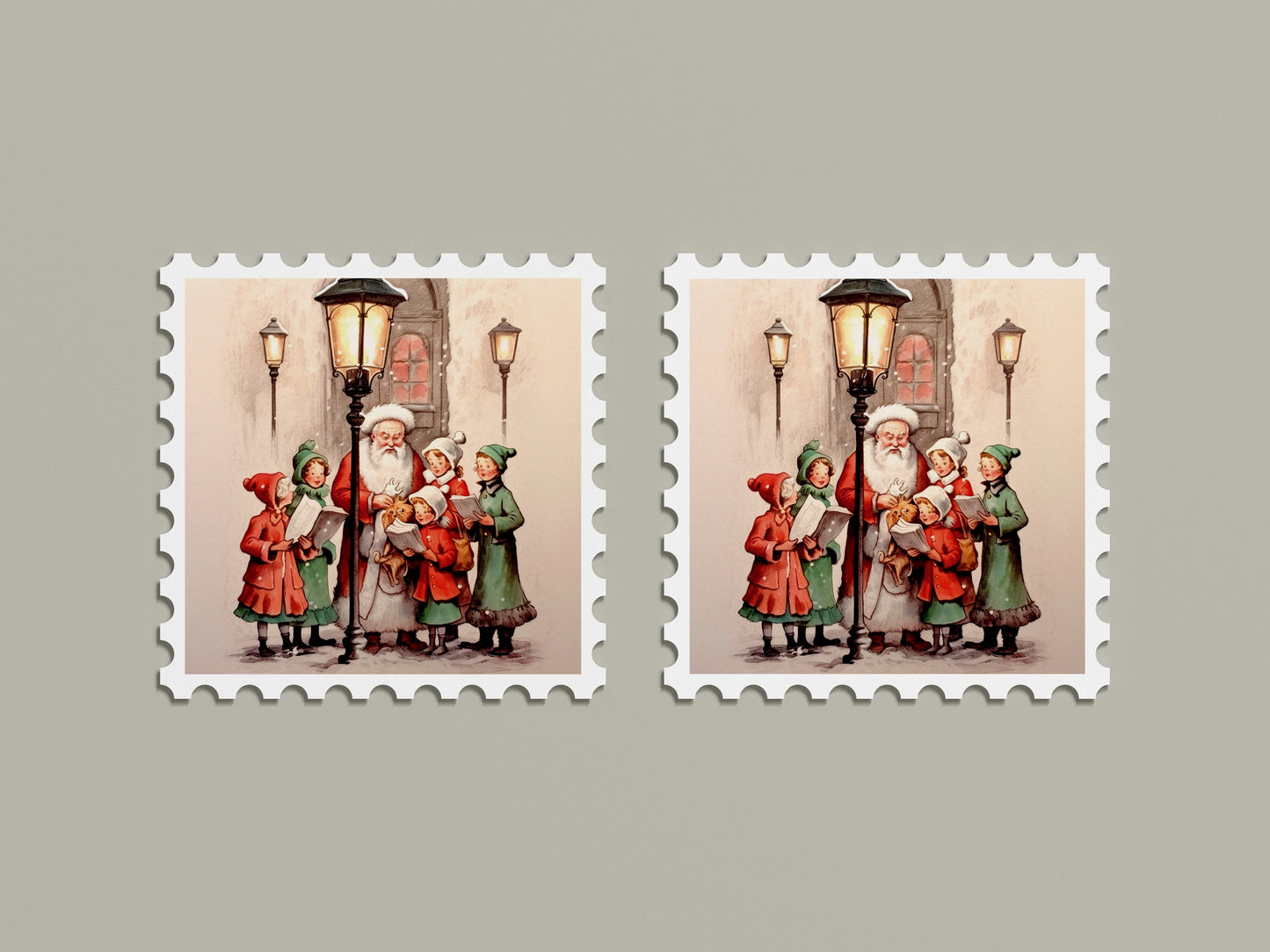 Print Xmas Santa Children Singing Carols Vintage Illustration 36x36cm