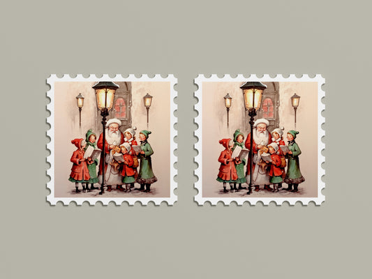 Print Xmas Santa Children Singing Carols Vintage Illustration 36x36cm