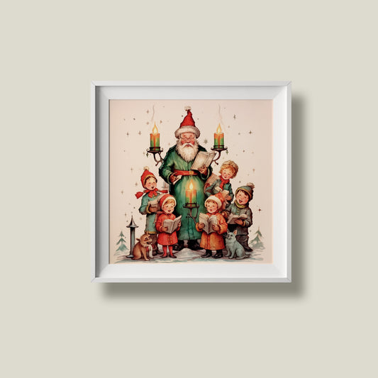 Print Xmas Santa Children Singing 2 Vintage Illustration 36x36cm