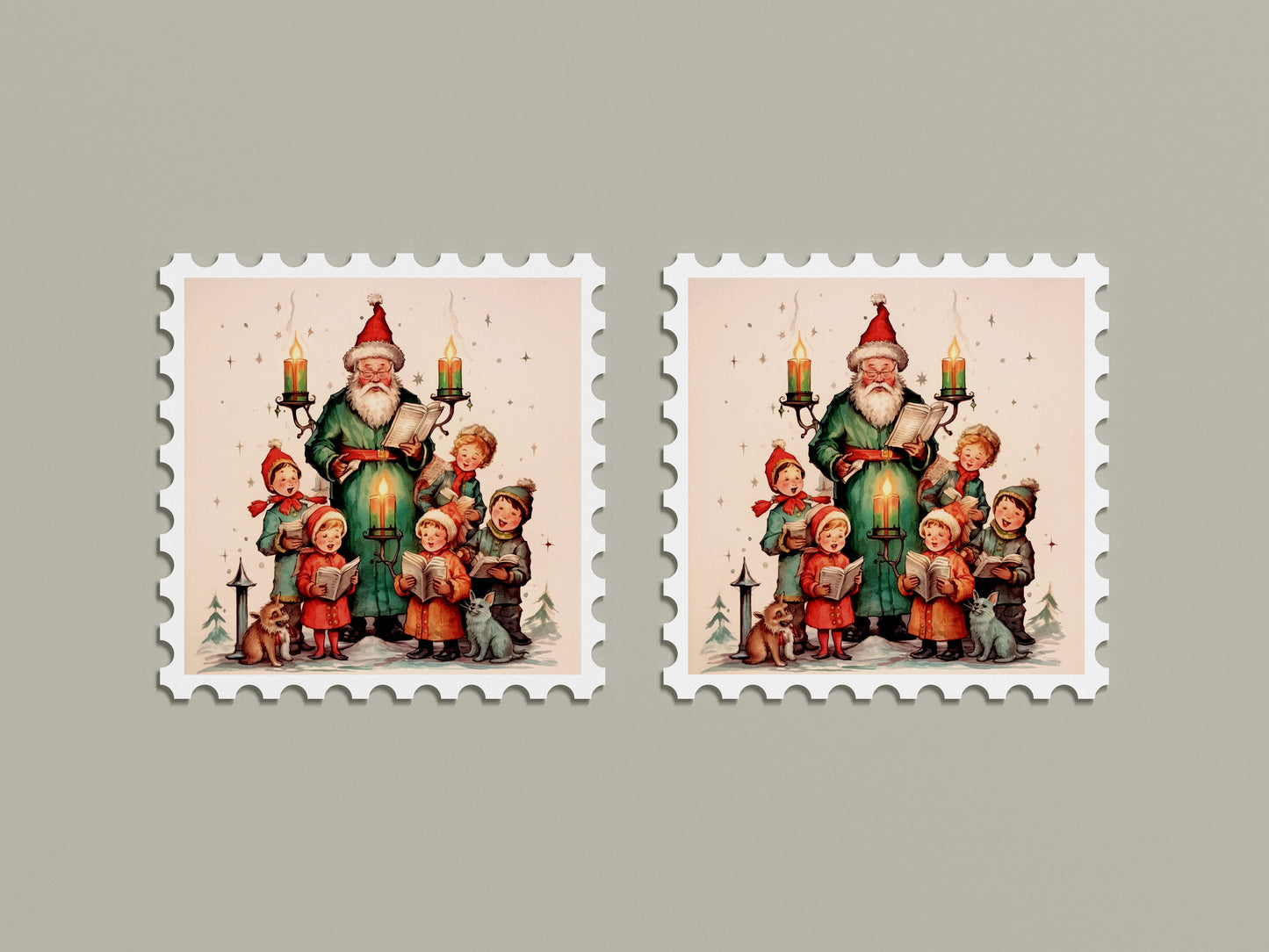 Print Xmas Santa Children Singing 2 Vintage Illustration 36x36cm