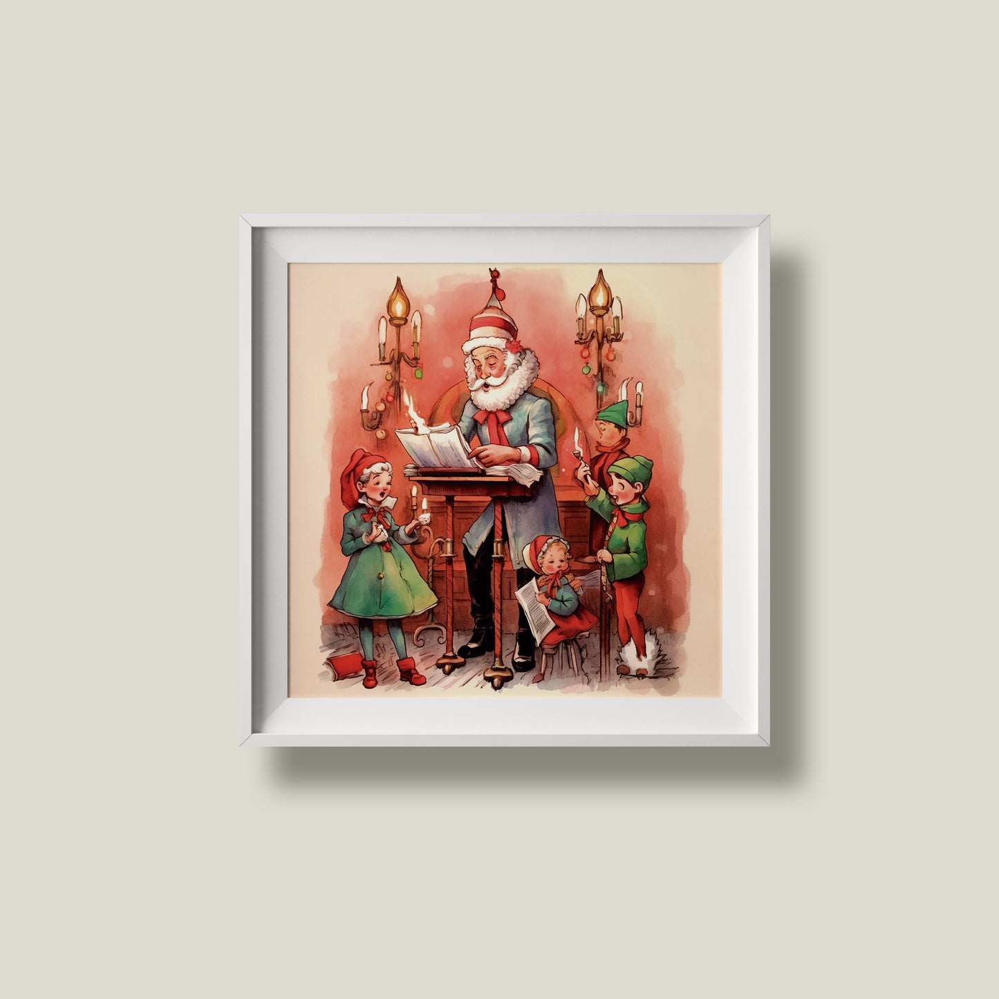Print Xmas Santa Elves Singing Vintage Illustration 36x36cm