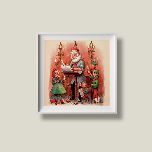 Print Xmas Santa Elves Singing Vintage Illustration 36x36cm