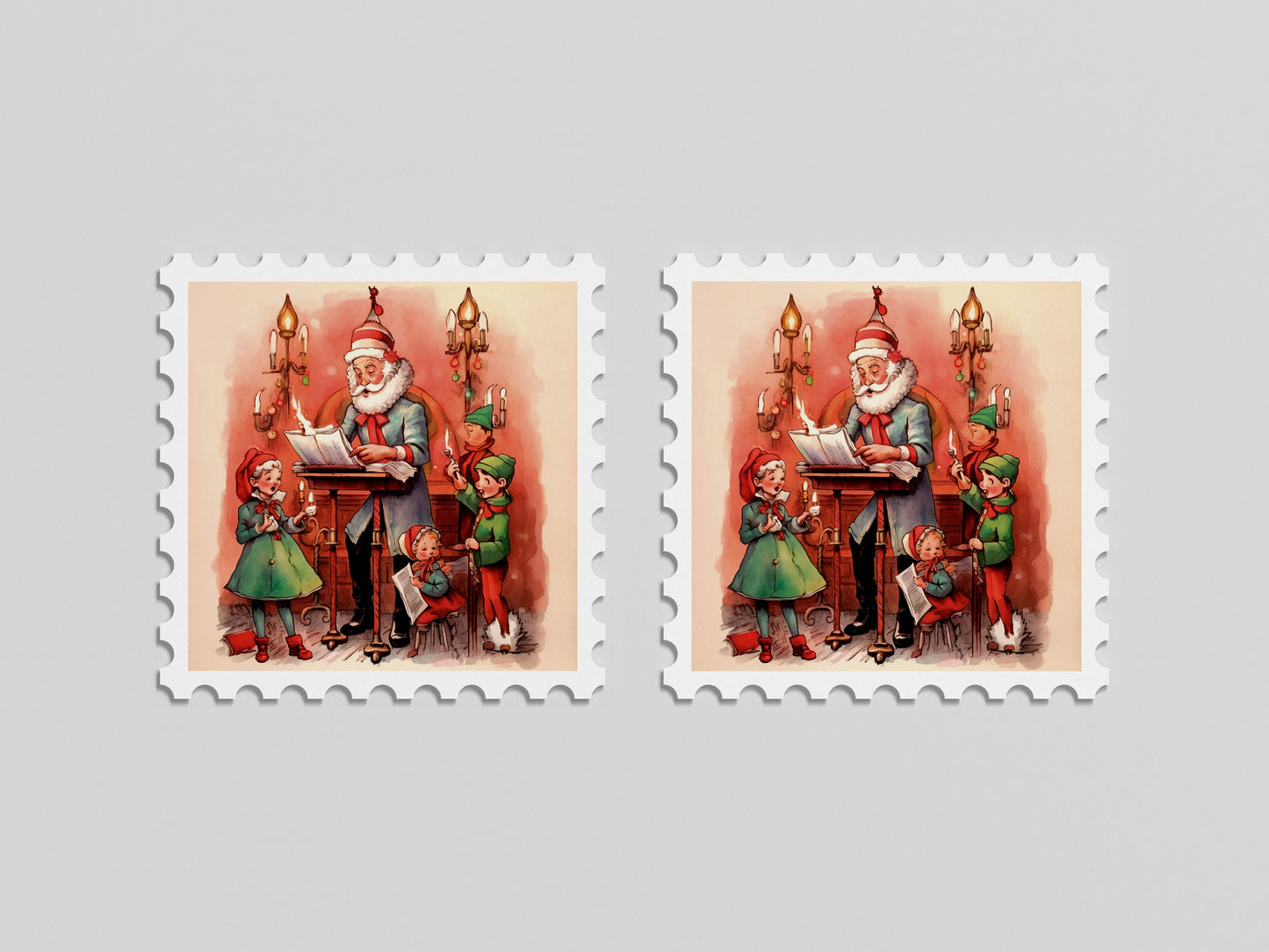 Print Xmas Santa Elves Singing Vintage Illustration 36x36cm