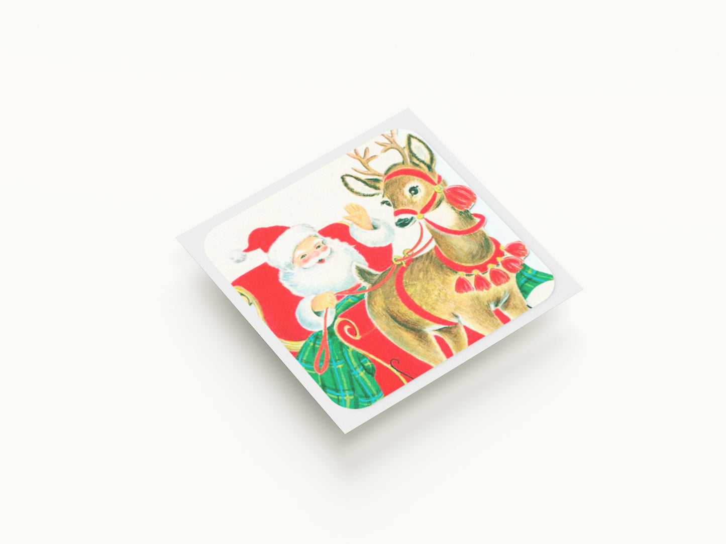 Print Xmas Santa & Reindeer Vintage Illustration 9x9cm