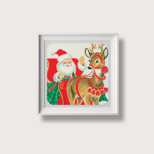 Print Xmas Santa & Reindeer Vintage Illustration 9x9cm