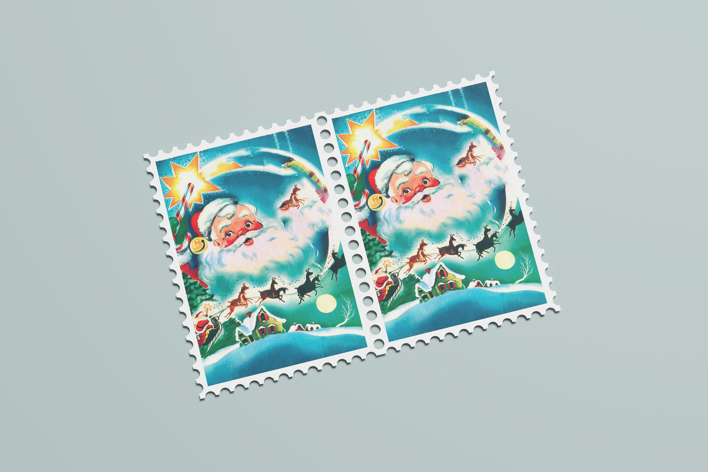 Print Xmas Santa & Reindeer Vintage Illustration 7x9cm